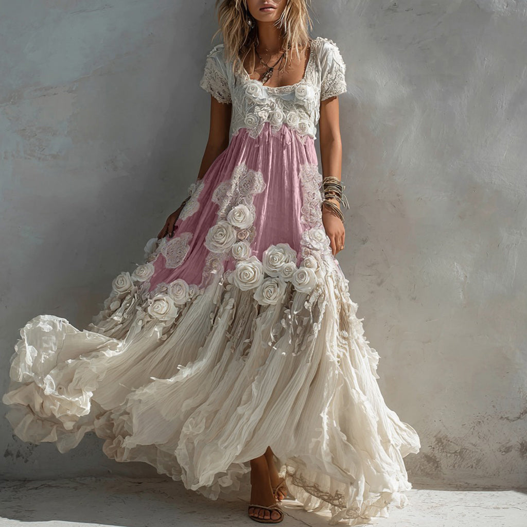 Women's Vintage White Rose Pattern Linen Short Sleeve Dress