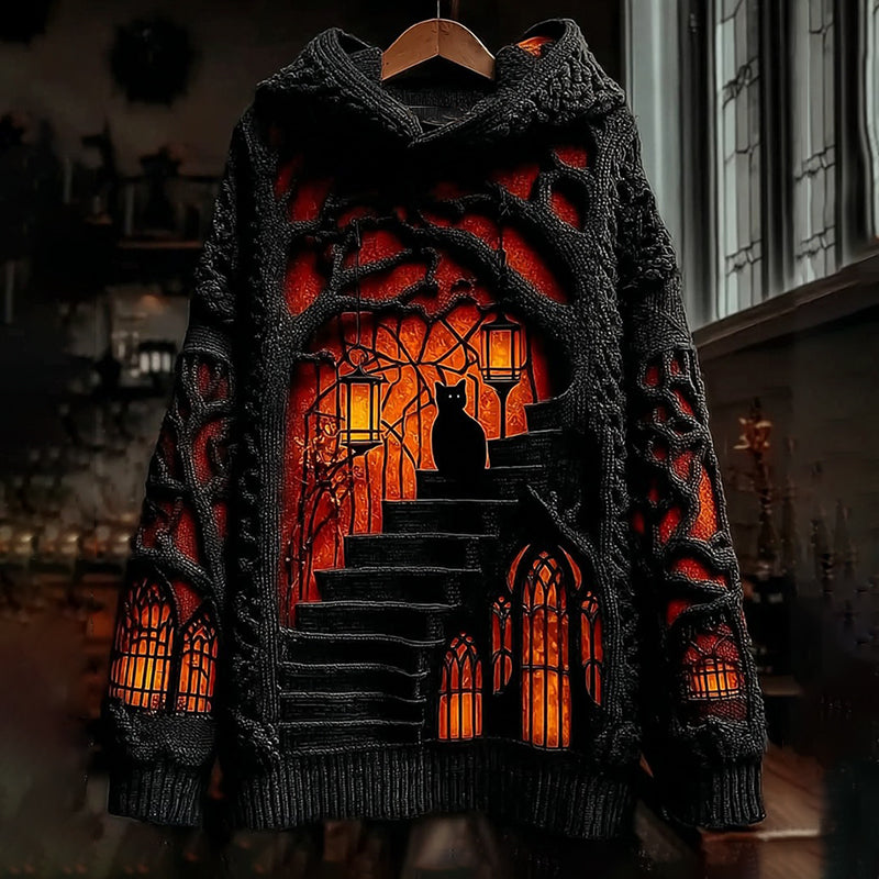 Halloween Black Cat Castle Knitted Warm Hooded Sweater