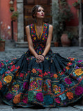 Day Of The Dead Mexican Floral Embroidered Linen Maxi Dress