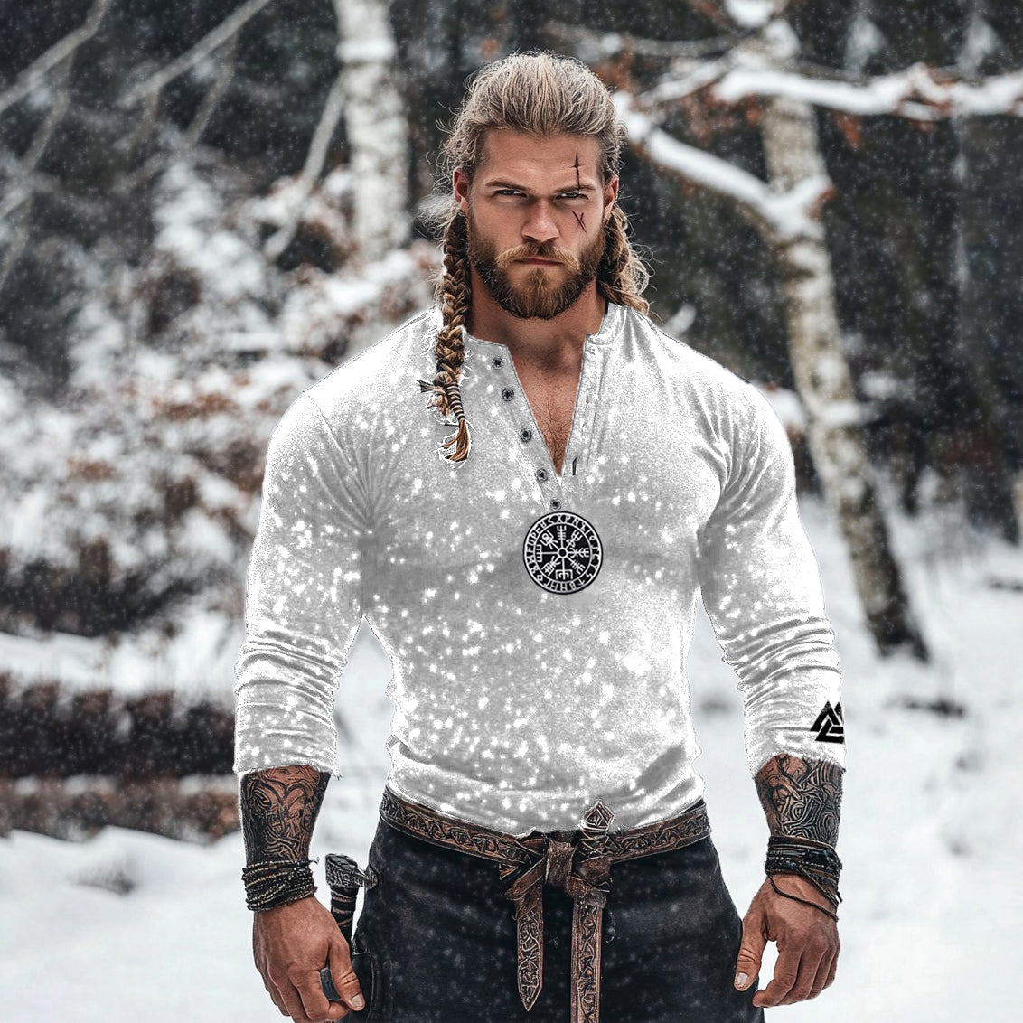 Men's Tribal Viking Runes Graphics Henley Collar Long Sleeves Basic T-shirt