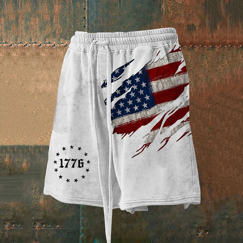 Men's Retro Distressed American Flag Print Loose Casual Shorts