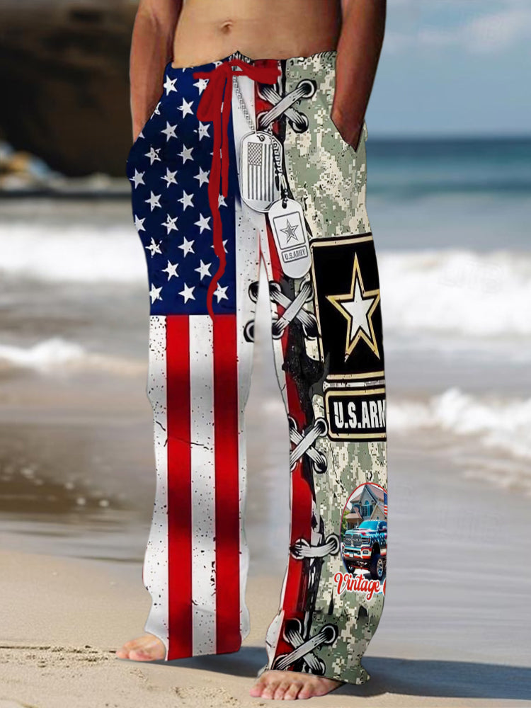 Independence Day Vintage Flag Camo Patchwork Men's Linen Pants