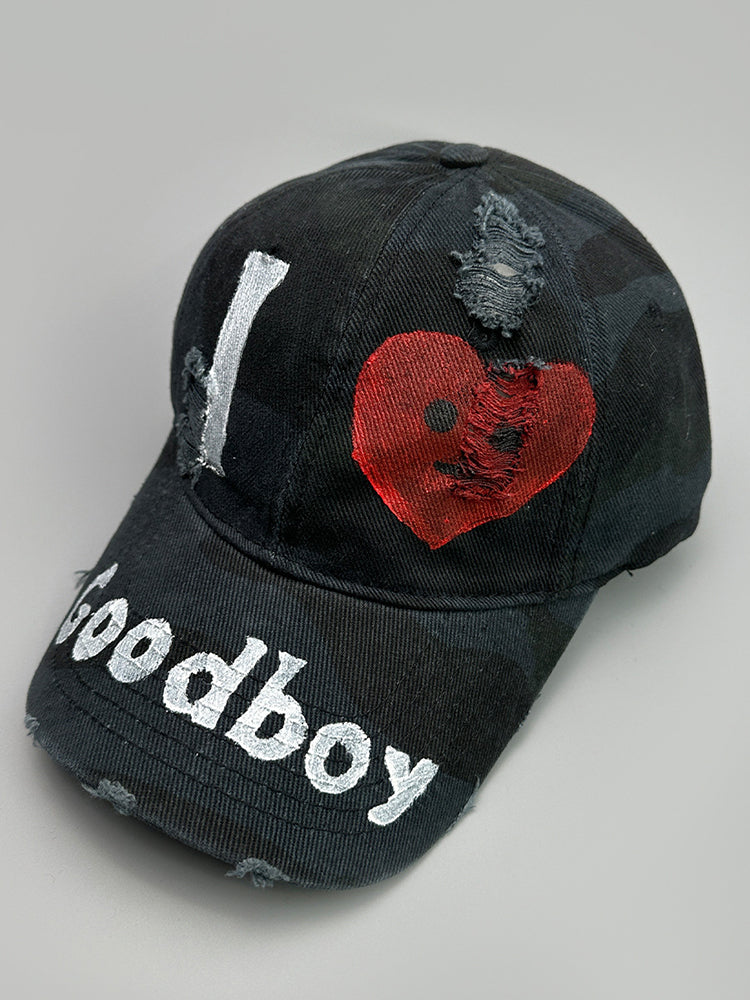 American-style Good Boy Printed Letter Heart Distressed Camouflage Baseball Cap
