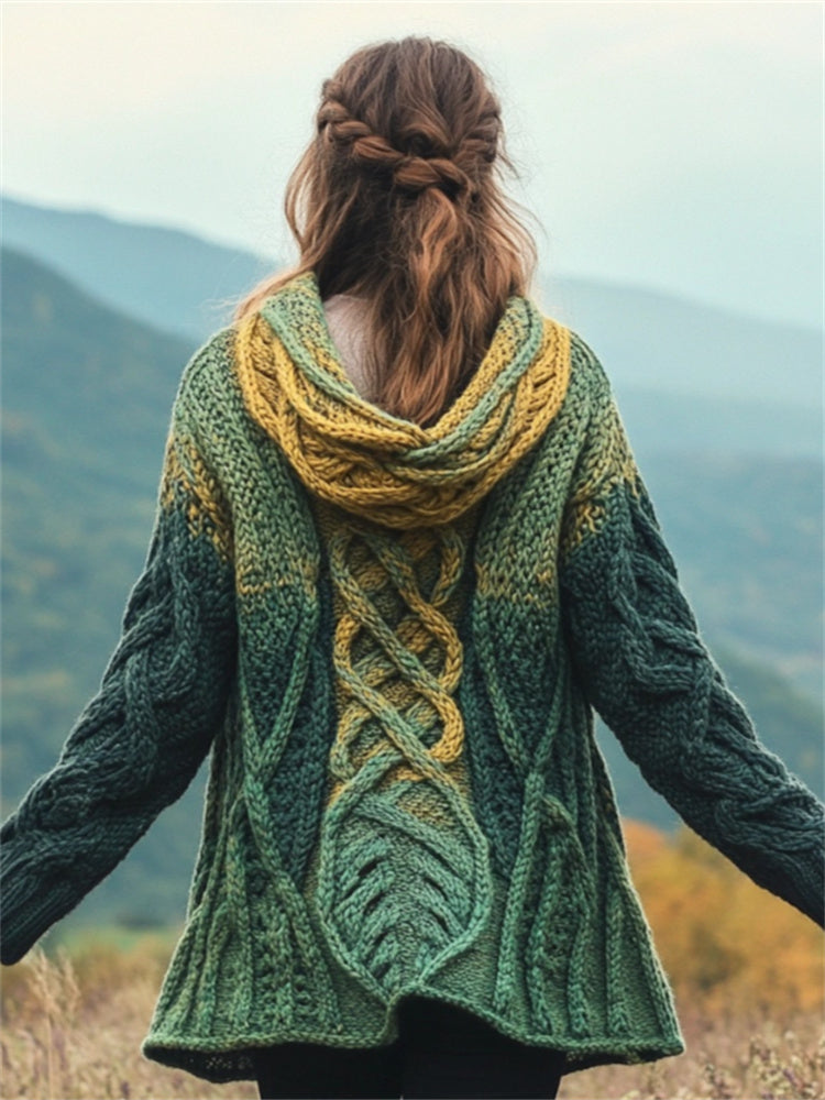Forest Leaf Inspired Celtic Gradient Chunky Hooded Cardigan