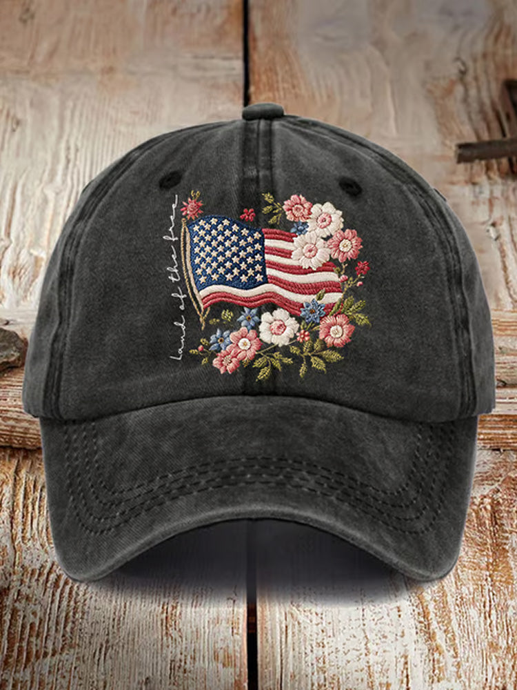 Retro Independence Day Flowers Land Of The Free Print Baseball Cap