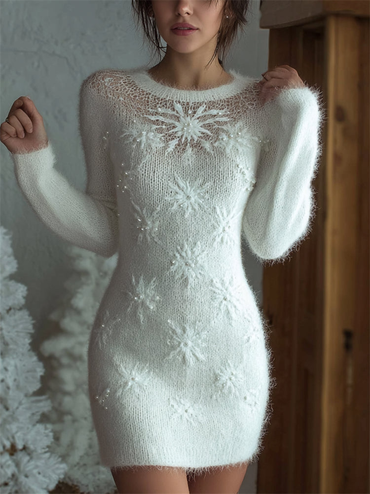 Classy Christmas Snowflakes Pearls Beaded Cozy Fuzzy Sweater Dress
