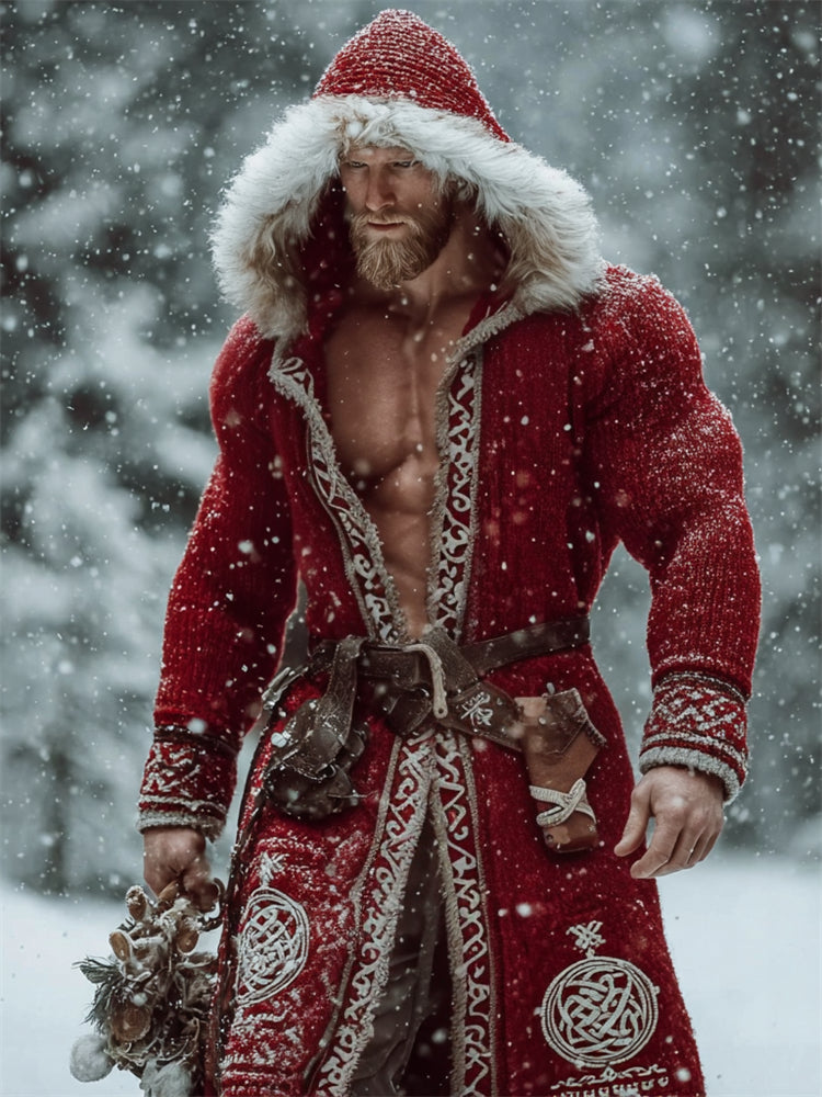 Men's Christmas Viking Santa Claus Celtic Knot Fur Trim Hooded Long Cardigan