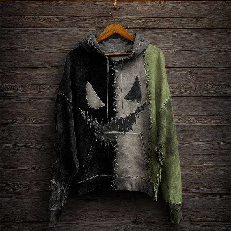 Halloween Spooky Face Contrast Colorblock Patchwork Hoodie