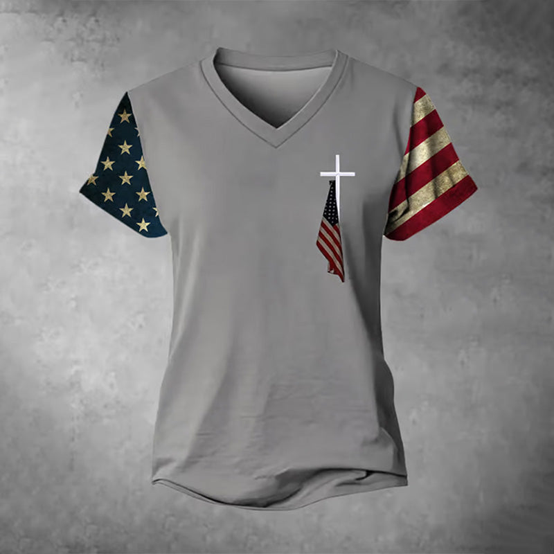 Women's Flag Cross Print V-neck T-shirt
