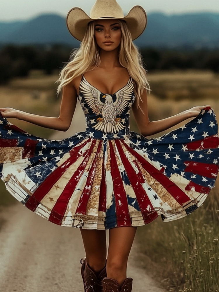 Women's Retro Independence Day Patchwork Eagle Art Casual Linen  Suspender Mini Dress