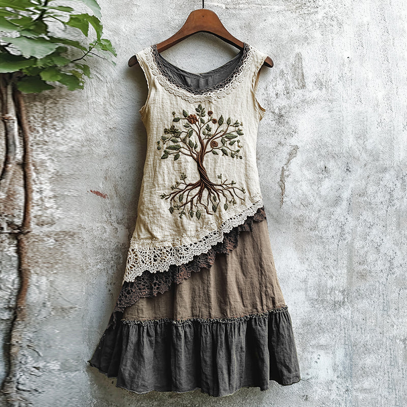 Viking Celtic Tree Of Life Lace Art Patchwork Linen Tank Dress