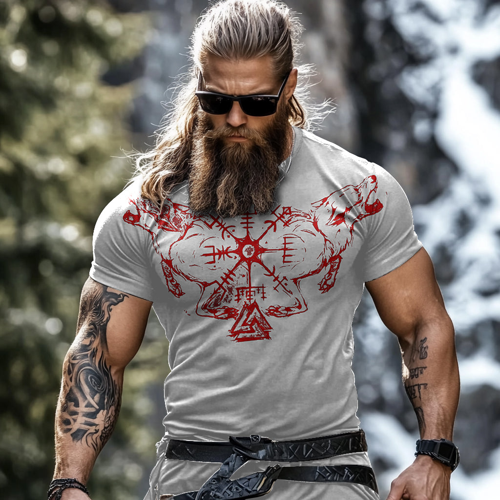 Men's Vintage Viking Rune Wolf Print T-shirt