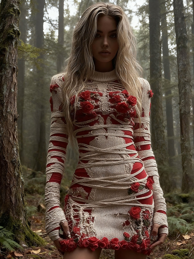 Women's Vintage Halloween Skeleton Red Rose Art Cozy Knit Mini Sweater Dress