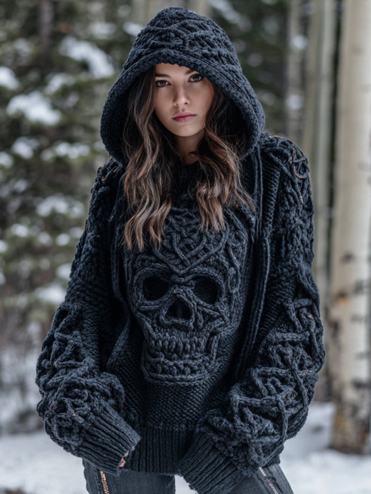 Women' Vintage Viking Tribal Celtic Skull Gradient Art Chunky Knit Hooded Sweater