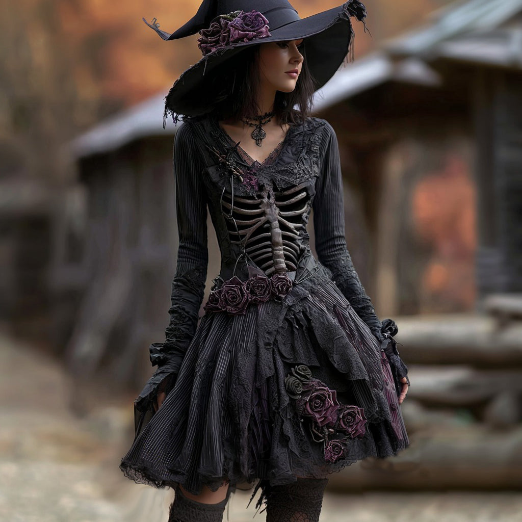 Women's Halloween Rose Skeleton Gothic Witch Midi Dress