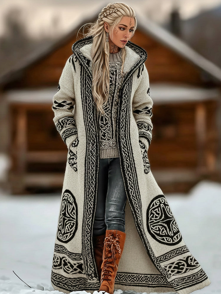 Women's Vintage Celtic Knot Style Knitted Jacquard Long Hooded Cardigan