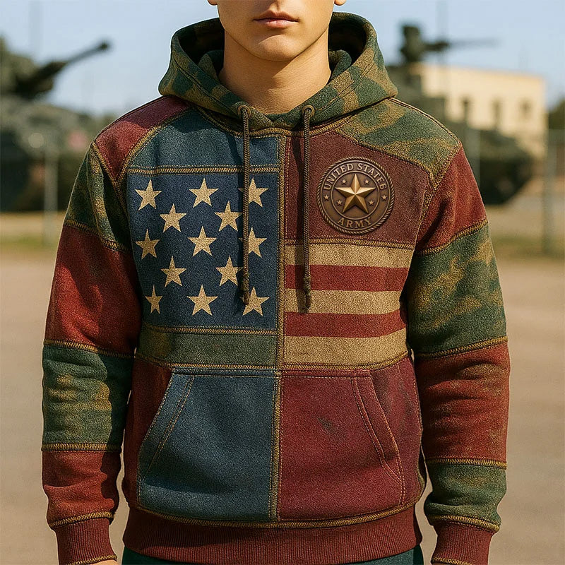 Men's Vintage Army Art Print Casual Hoodie