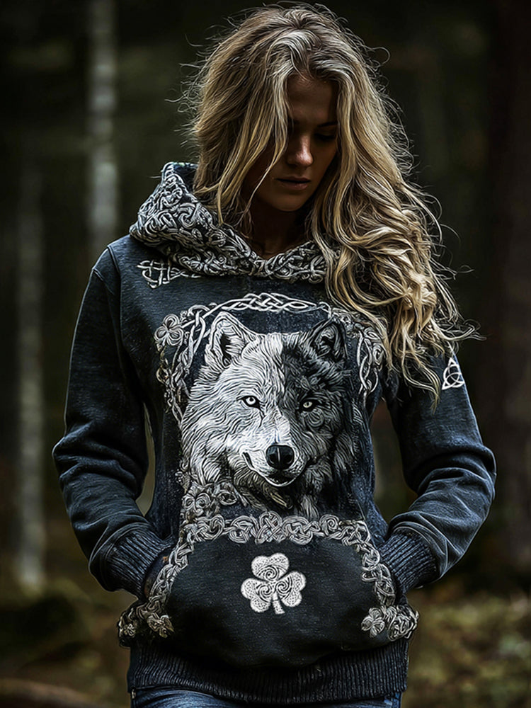 Women's Celtic Wolf Totem Lucky Shamrock Print Hoodie