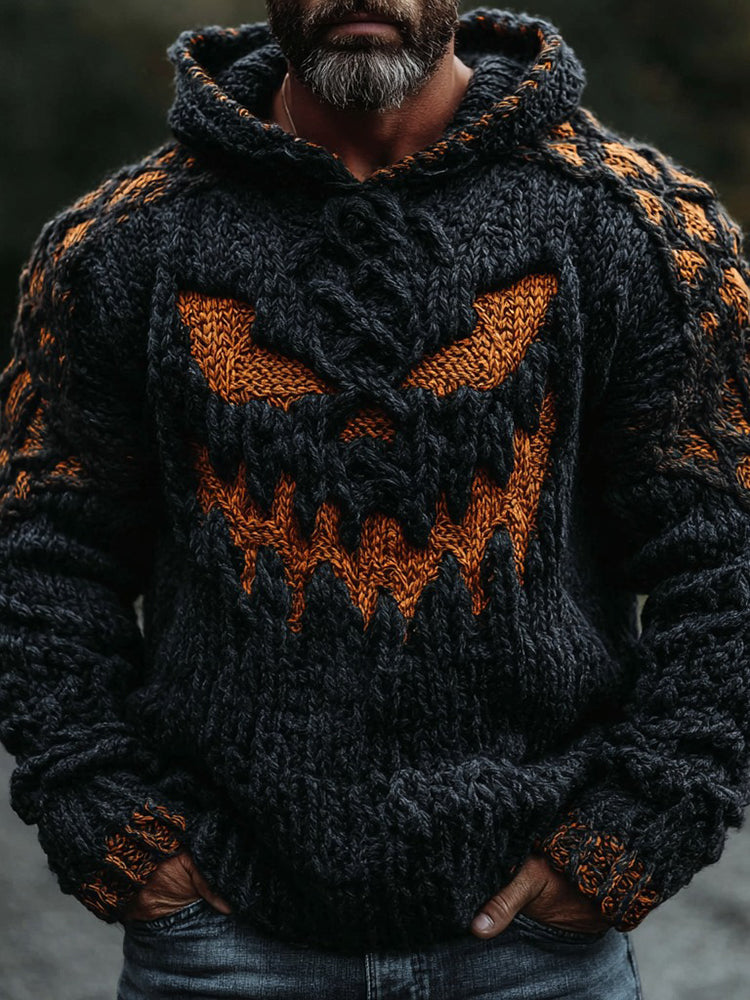 Men's Halloween Pumpkin Face Celtic Knot Chunky Hooded Sweater