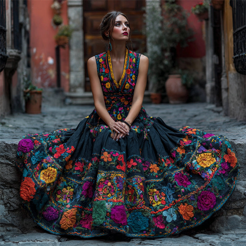 Day Of The Dead Mexican Floral Embroidered Linen Maxi Dress