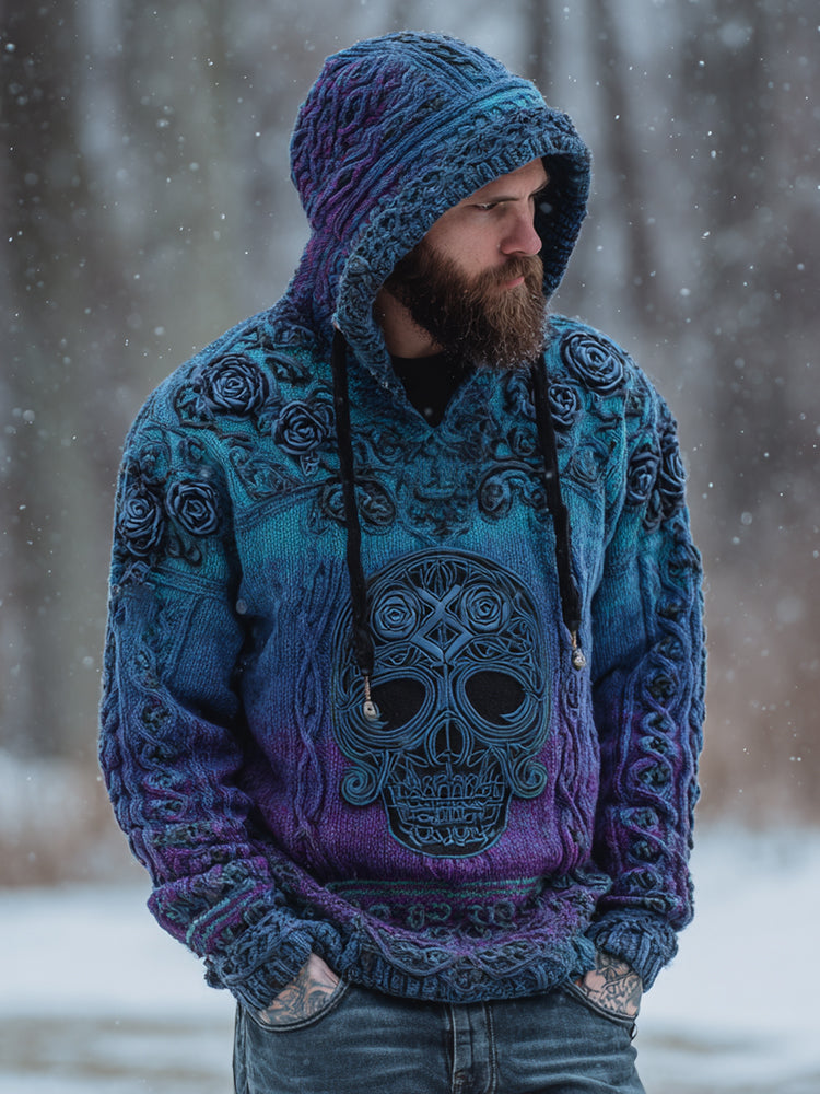 Men's Viking Tribal Jacquard Celtic With Rose And Skull Inspired Chunky Knit Hooded Sweater