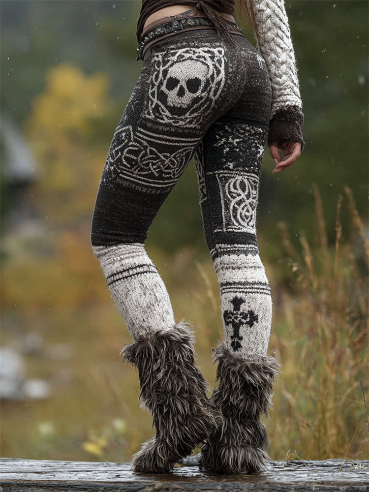 Viking Skull & Cross Celtic Colorblock Cozy Knit Leggings