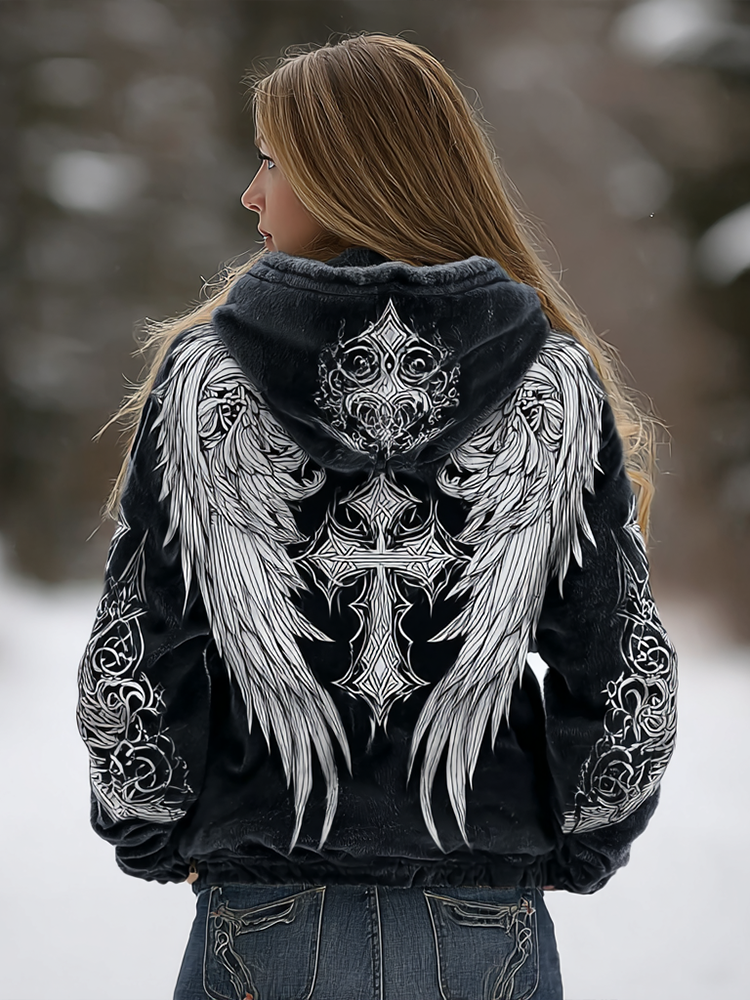 Vintage Viking Angel Wings Hooded Flannel Sweatshirt