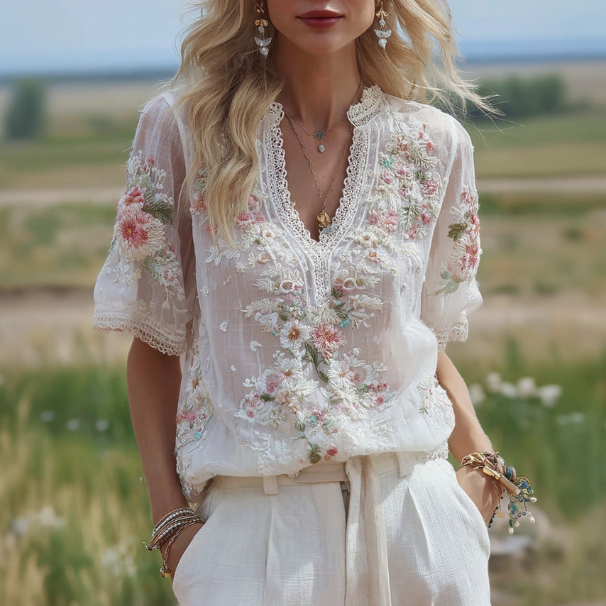 Women's Floral Embroidery V-neck T-shirt