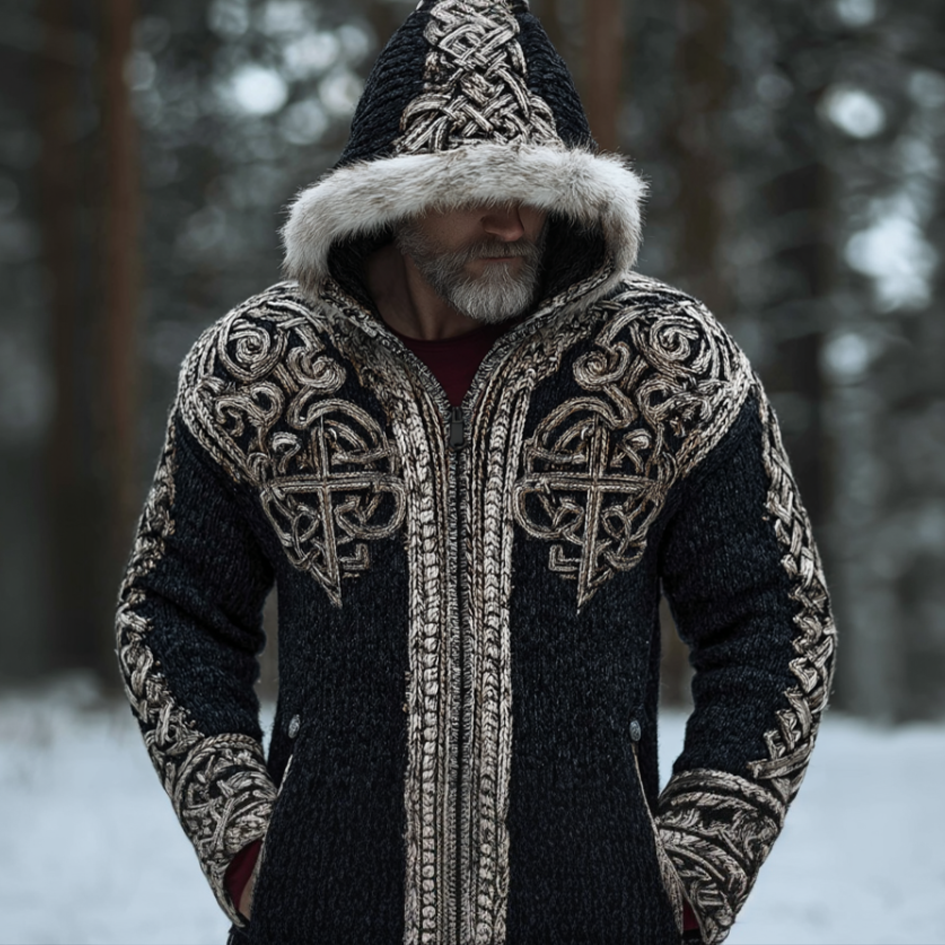 Viking Retro Men's Hooded Knit Sweater Jacket