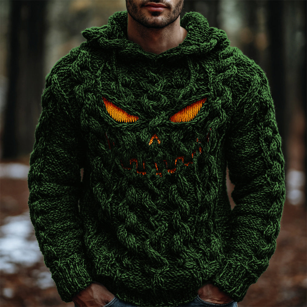 Halloween Evil Pumpkin Emoji Men's Chunky Knit Hooded Sweater