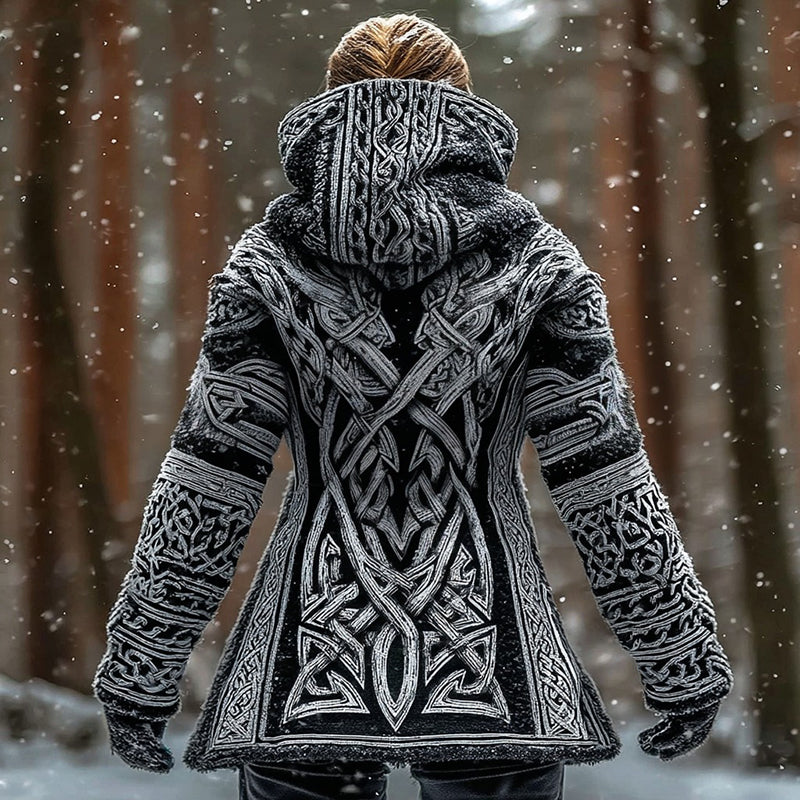 Women's Vintage Viking Celtic Knot Knit Jacquard Zipper Hooded Sweater