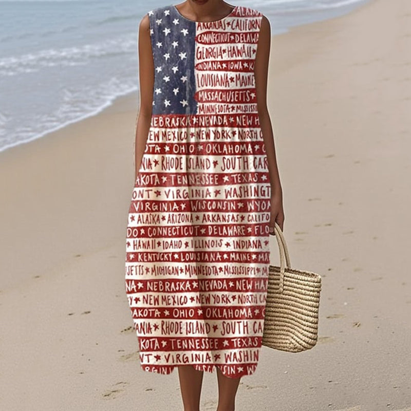 Women's Independence Day Printed Cotton Linen Dress