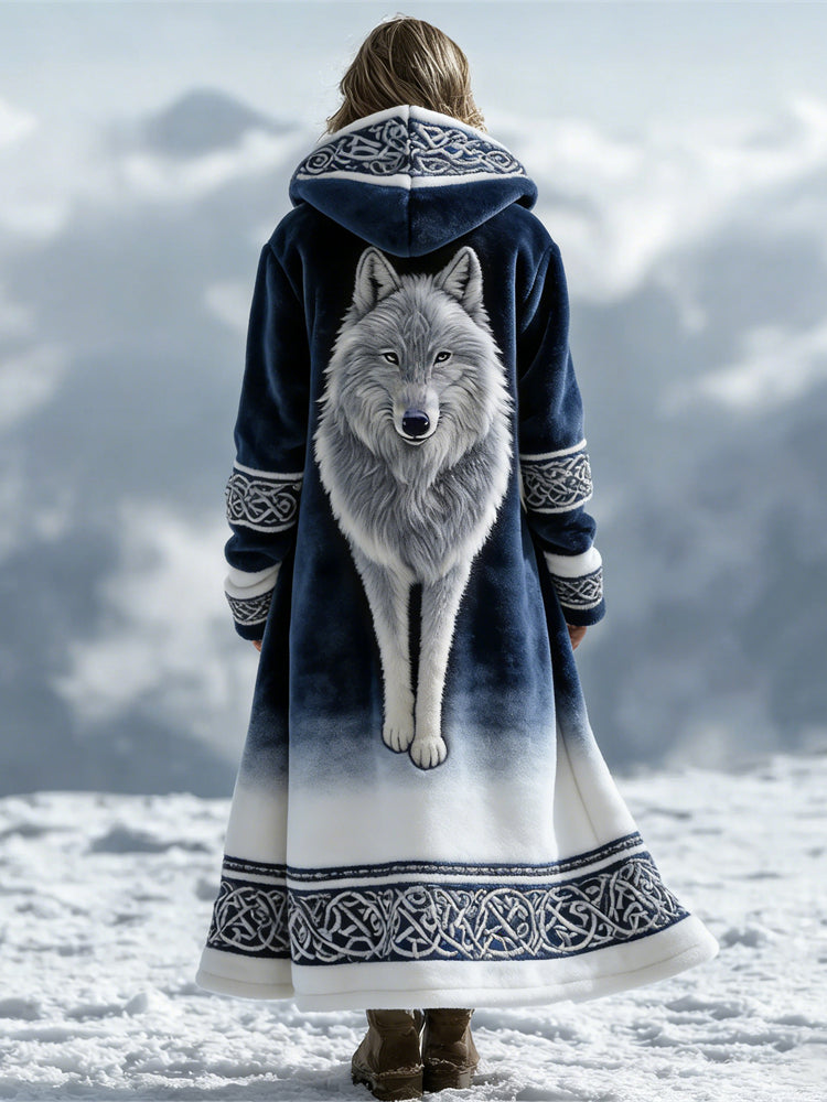 Viking Snow Wolf Celtic Knot Embroidered Flannel Soft Hooded Robe
