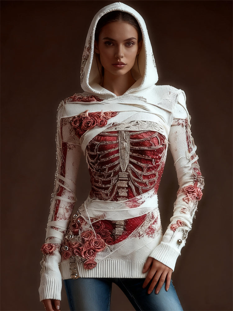 Classy Skeleton Anatomy Bloody Roses Bandages Hooded Sweater