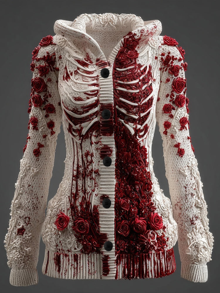 Classy Skeleton Bloody Roses Hooded Sweater Cardigan