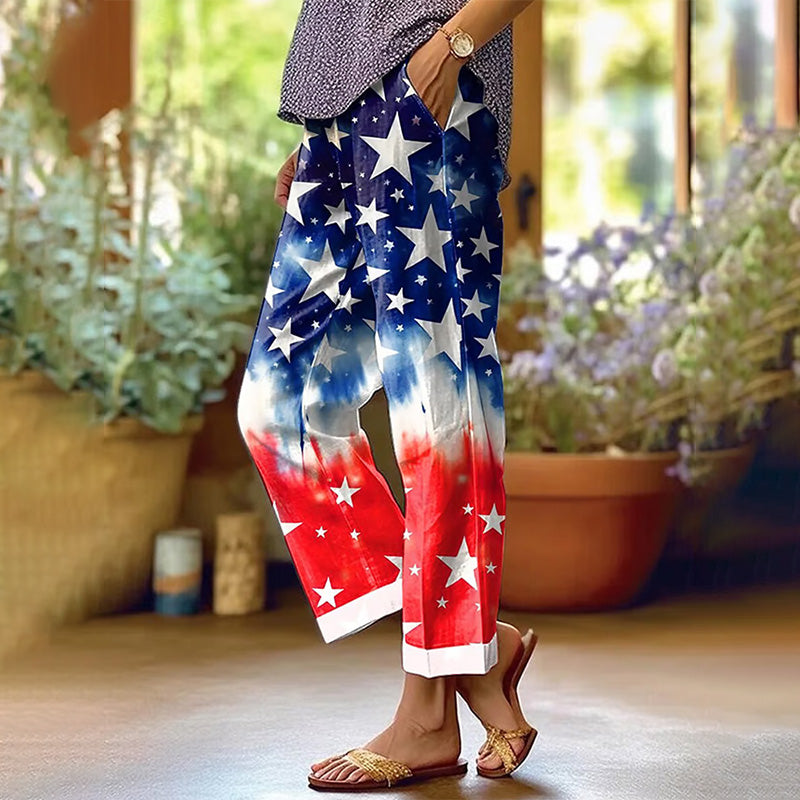 Women's Independence Day Retro Gradient Star Design Printed Loose Pocket Patchwork Casual Pants