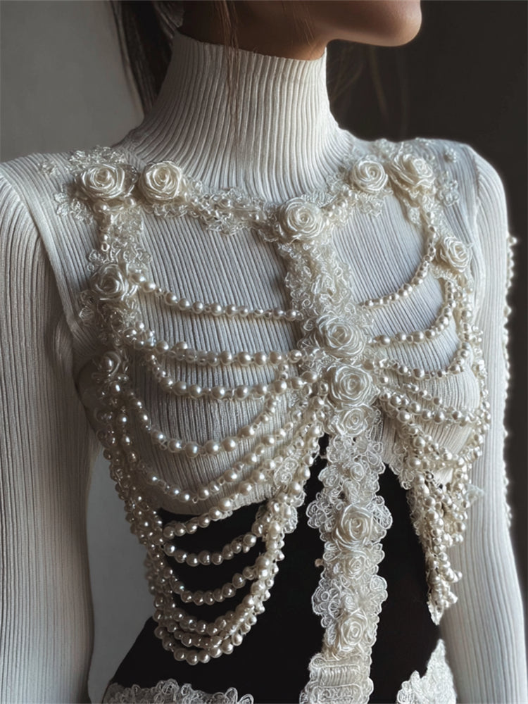 Vintage White Roses Skeleton Pearls Lace Contrast Turtleneck Sweater