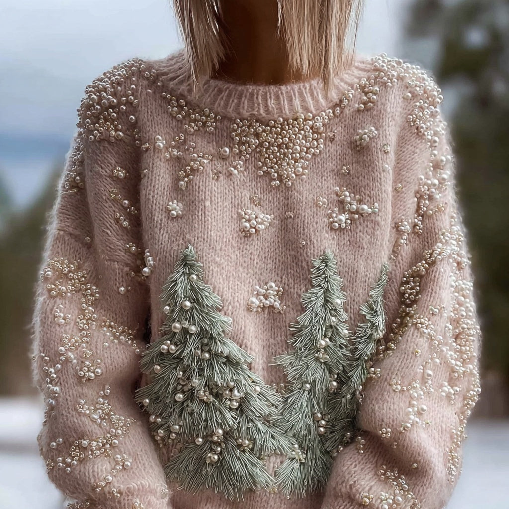 Vintage Pine Trees Embroidered Pink Cozy Sweater