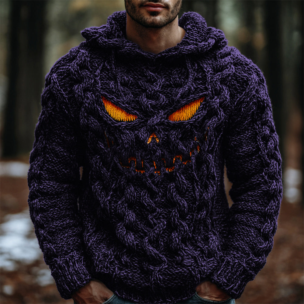 Halloween Evil Pumpkin Emoji Men's Chunky Knit Hooded Sweater