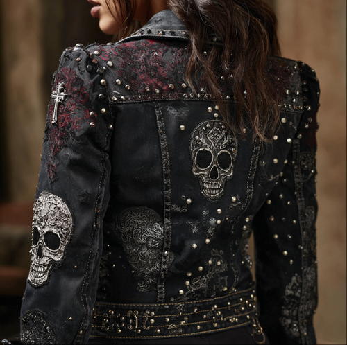 A Retro Women's  Gradient Denim Jacket With Gothic Skull And Floral Elements Design For Halloween.