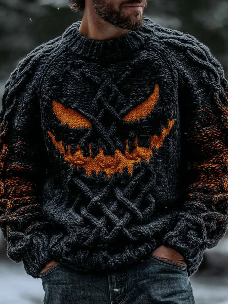 Men's Halloween Spooky Face Gradient Art Knit Crew Sweater