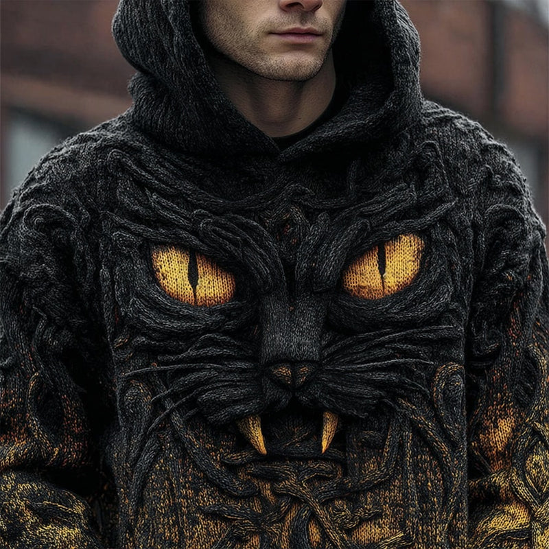Men's Spooky Devil Black Cat Halloween Chunky Hooded Sweater